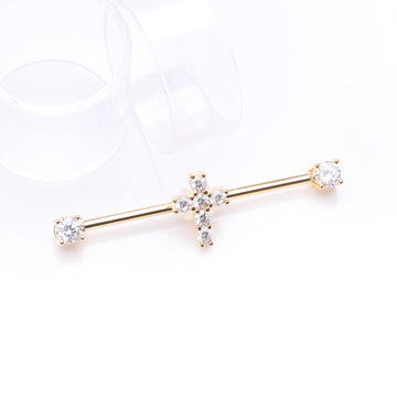 Detail View 1 of Golden Brilliant Cross Sparkle Ends Industrial Barbell-Clear Gem